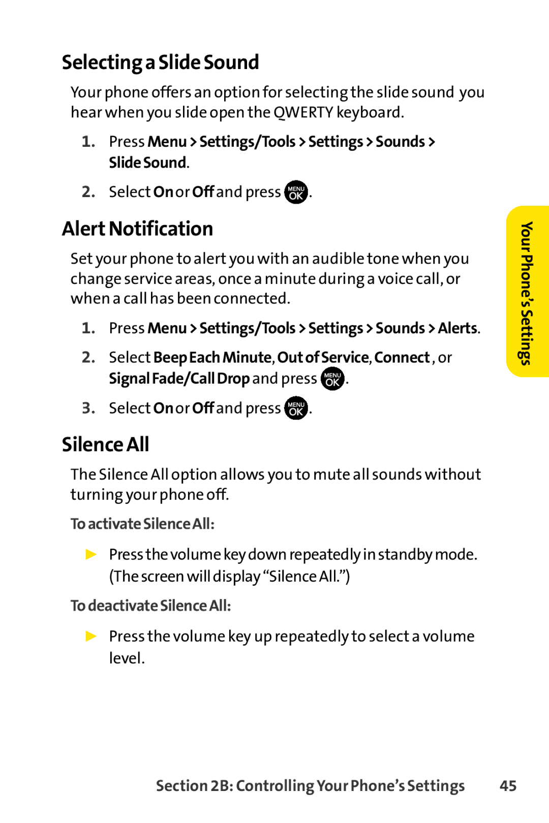 Sprint Nextel H 11/07 manual Selecting a Slide Sound, AlertNotification, Silence All, ToactivateSilenceAll 