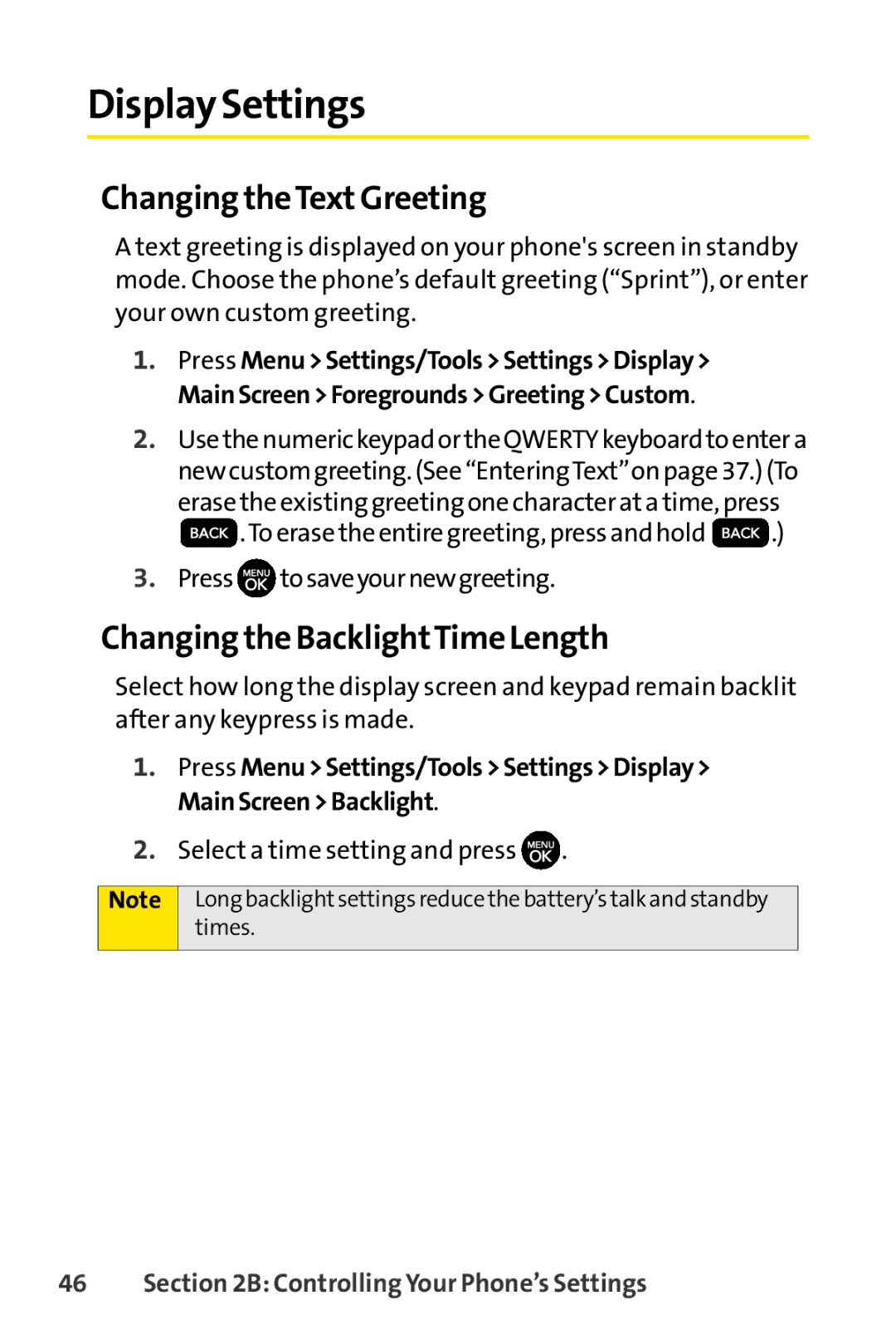 Sprint Nextel H 11/07 manual Display Settings, Changing theTextGreeting, Changing the BacklightTime Length 