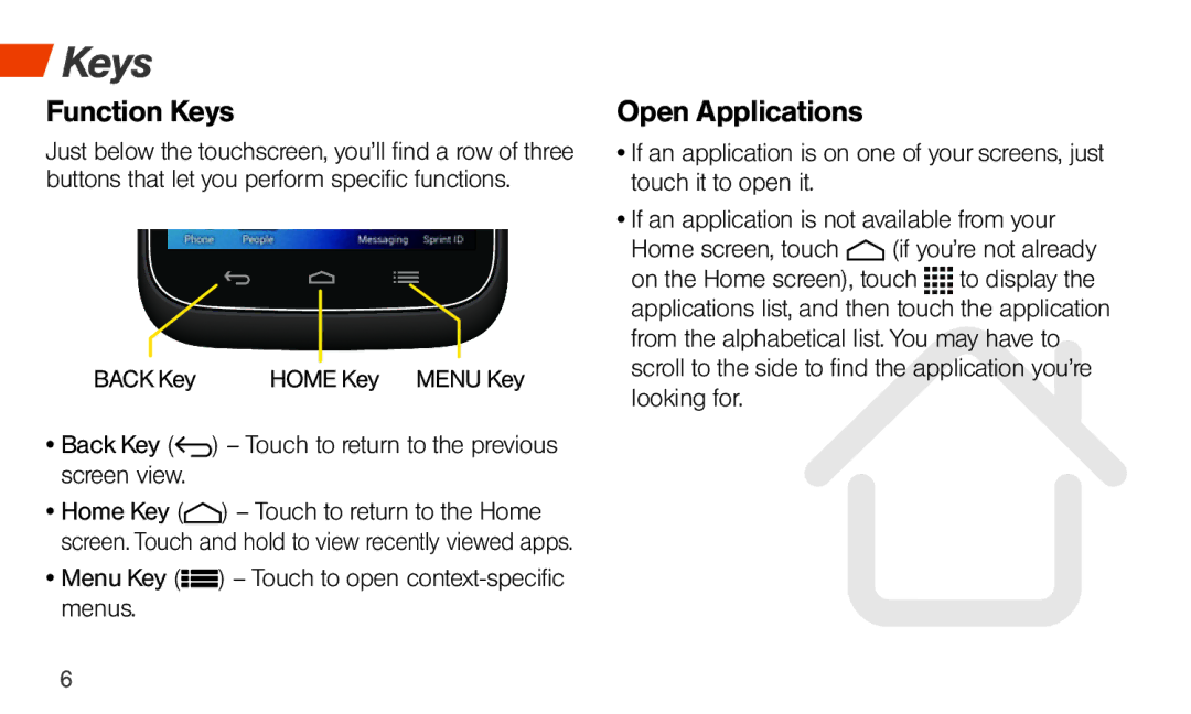 Sprint Nextel Hydro Edge manual Function Keys, Open Applications 