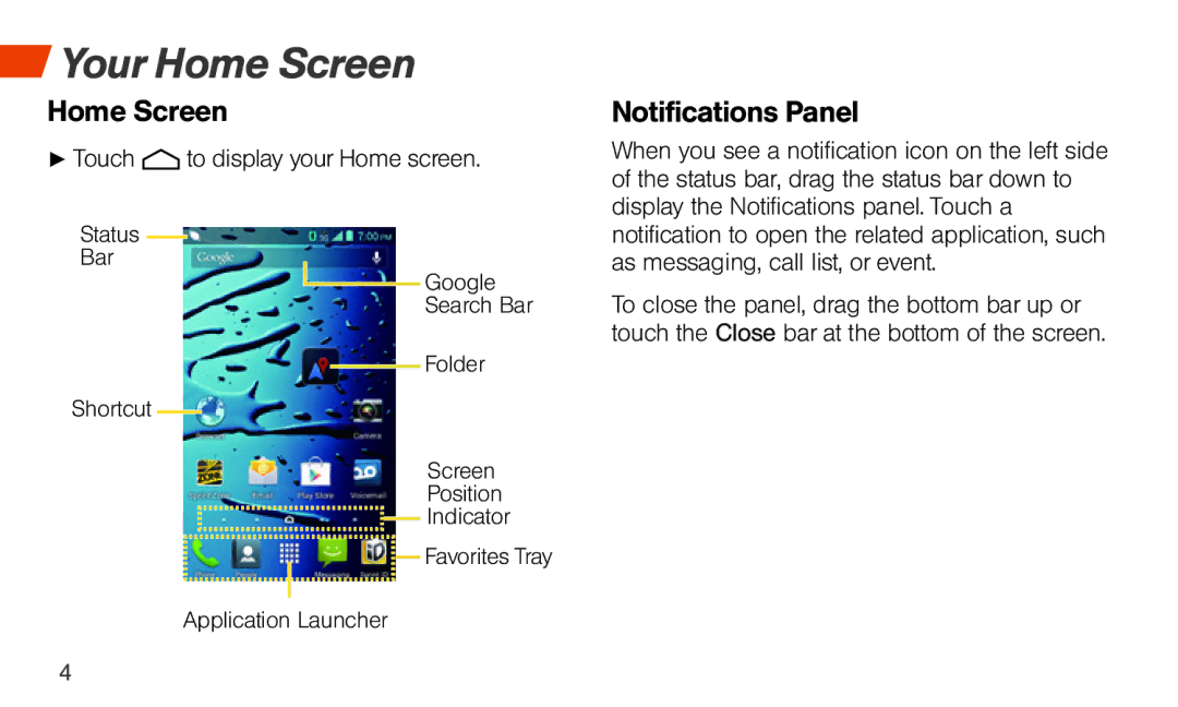 Sprint Nextel Hydro Edge manual Your Home Screen, Notifications Panel, Touch to display your Home screen 