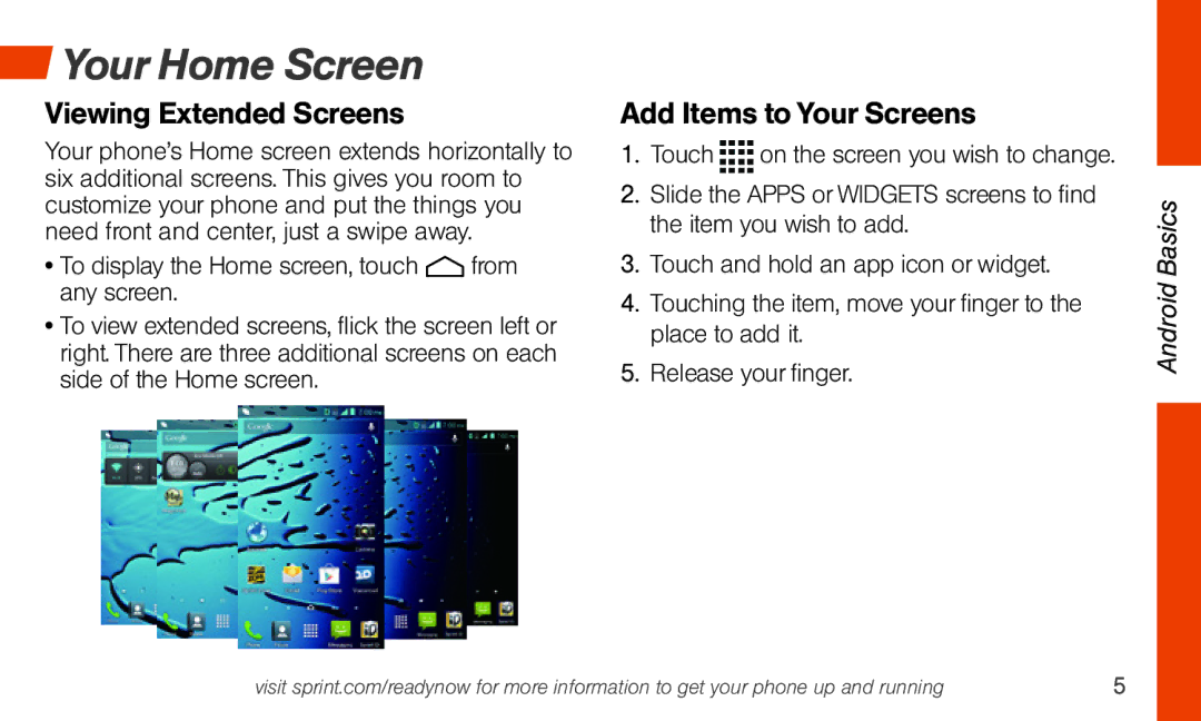 Sprint Nextel Hydro Edge manual Viewing Extended Screens, Add Items to Your Screens 