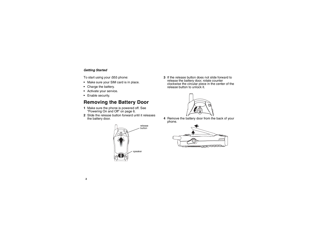 Sprint Nextel i355 phone user's guide manual Removing the Battery Door, Getting Started 