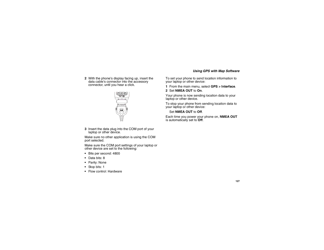 Sprint Nextel i355 phone user's guide manual Using GPS with Map Software, Set Nmea OUT to On, Set Nmea OUT to Off 