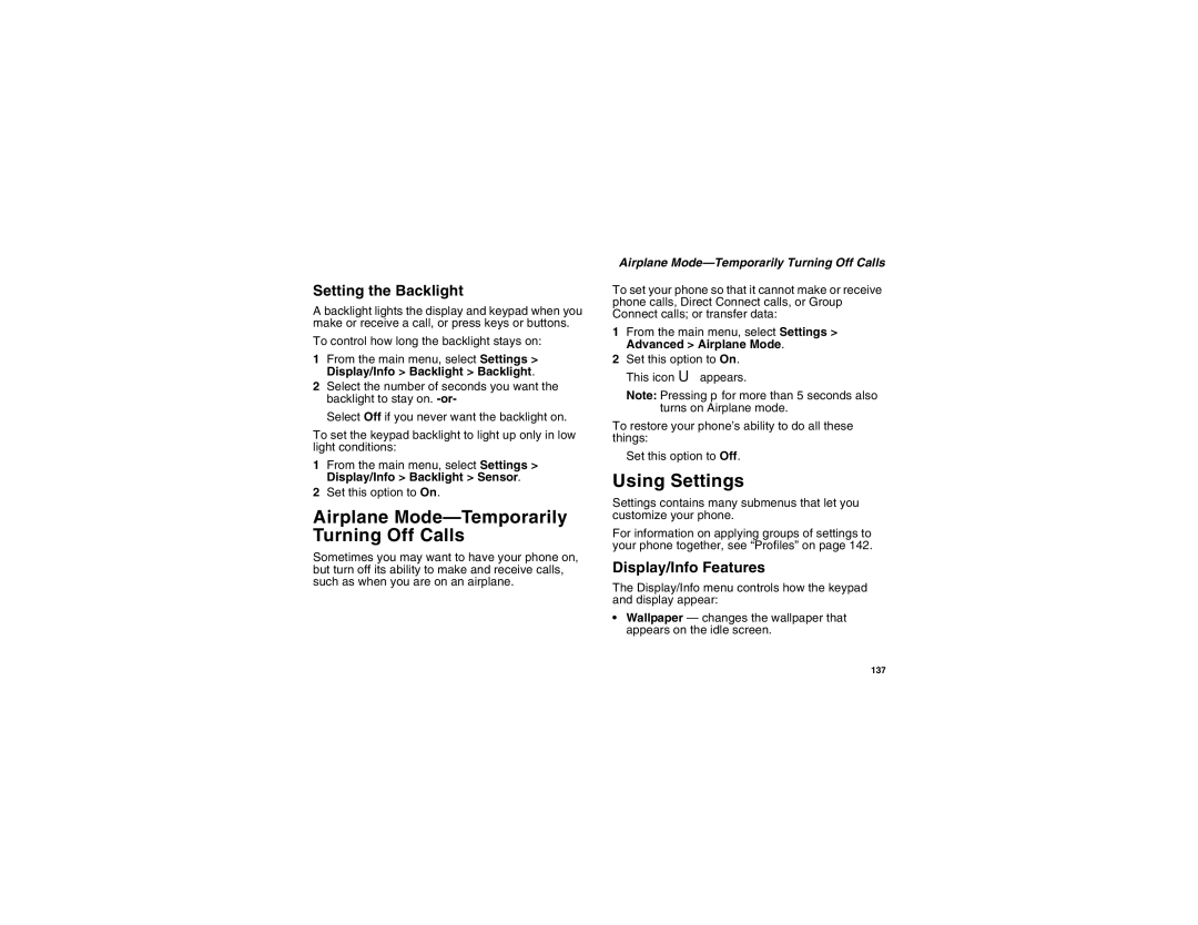Sprint Nextel i355 phone user's guide Airplane Mode-Temporarily Turning Off Calls, Using Settings, Setting the Backlight 