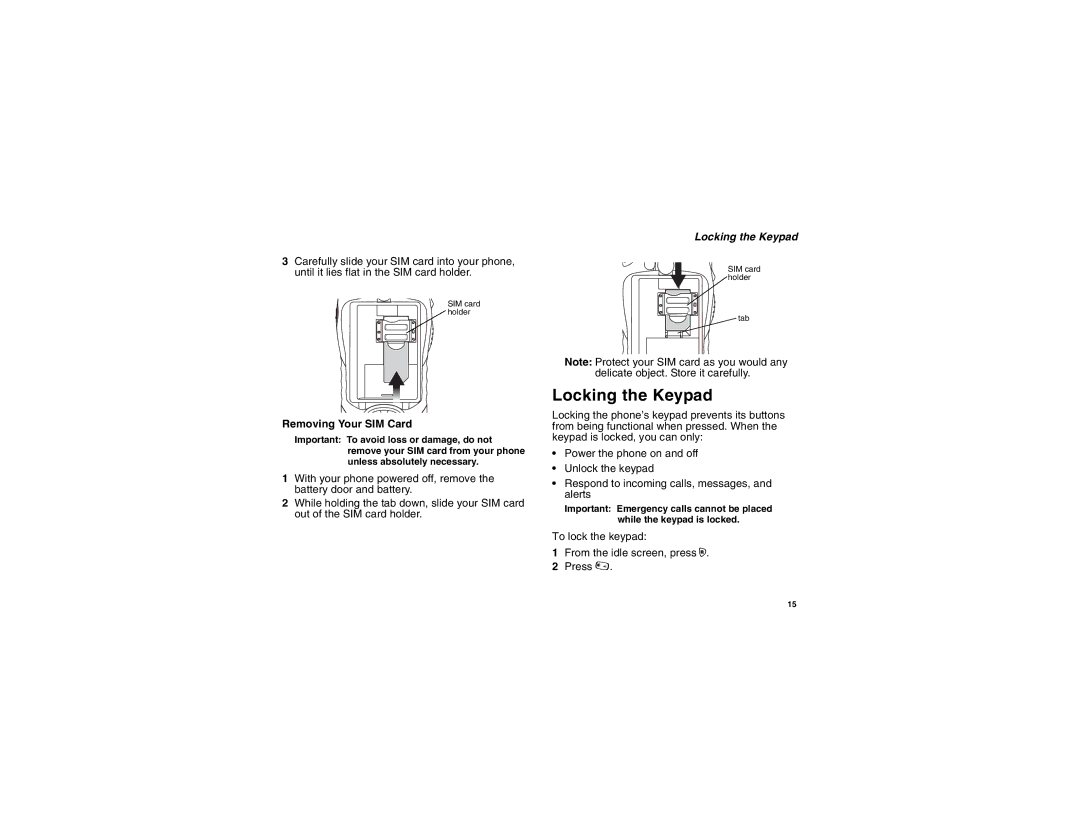 Sprint Nextel i355 phone user's guide manual Locking the Keypad, Removing Your SIM Card 