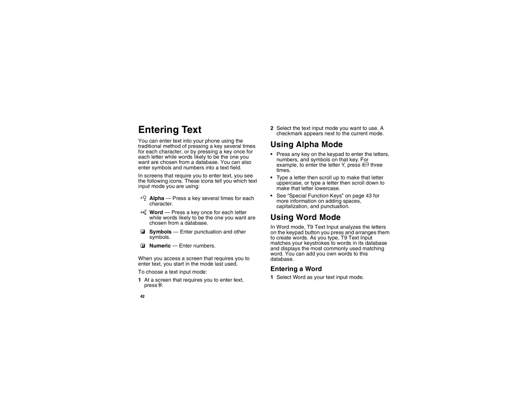 Sprint Nextel i355 phone user's guide manual Entering Text, Using Alpha Mode, Using Word Mode, Entering a Word 