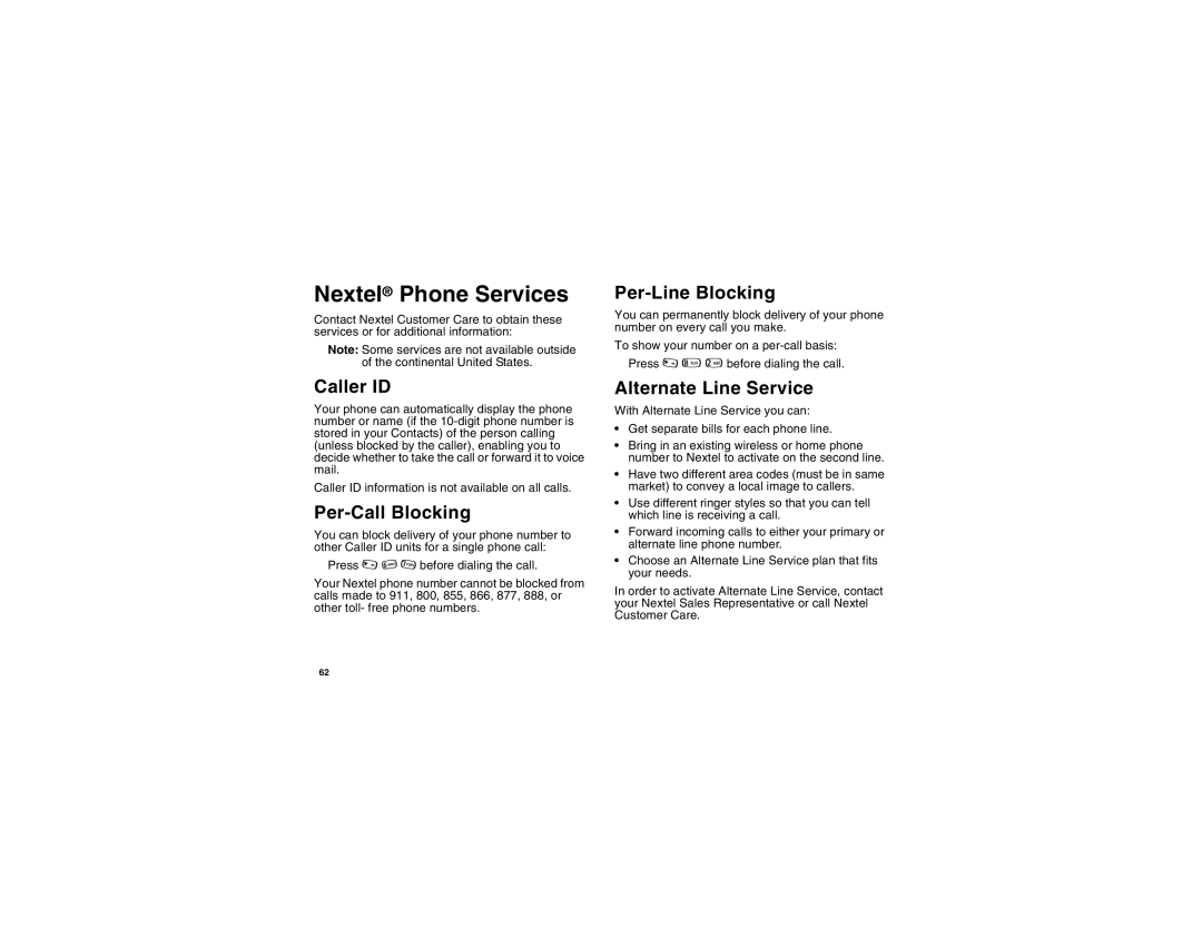 Sprint Nextel i355 phone user's guide manual Nextel Phone Services, Caller ID, Per-Call Blocking, Per-Line Blocking 