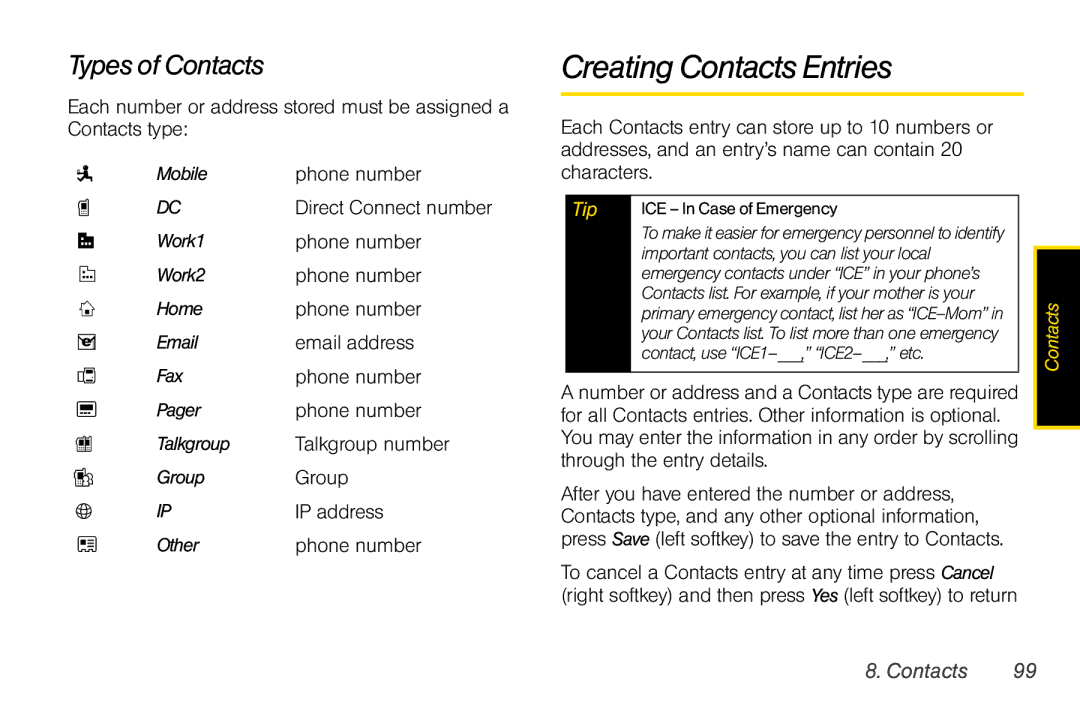 Sprint Nextel i856 manual Creating Contacts Entries, Types of Contacts 