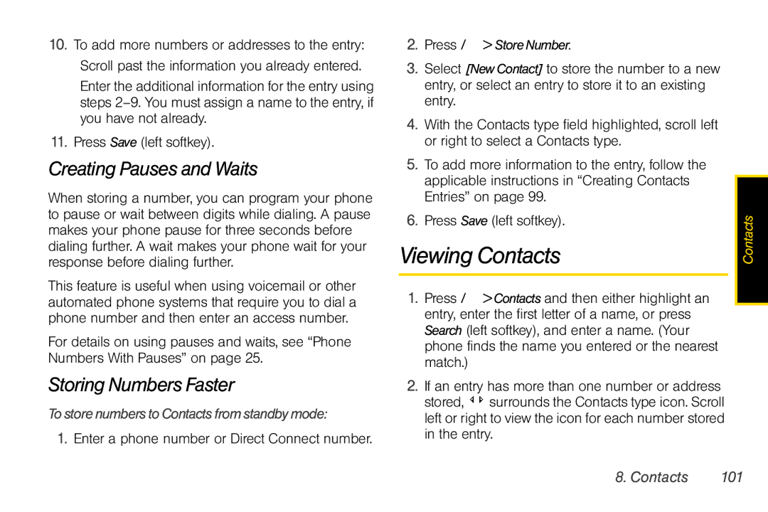 Sprint Nextel i856 manual Viewing Contacts, Creating Pauses and Waits, Storing Numbers Faster, Contacts 101 