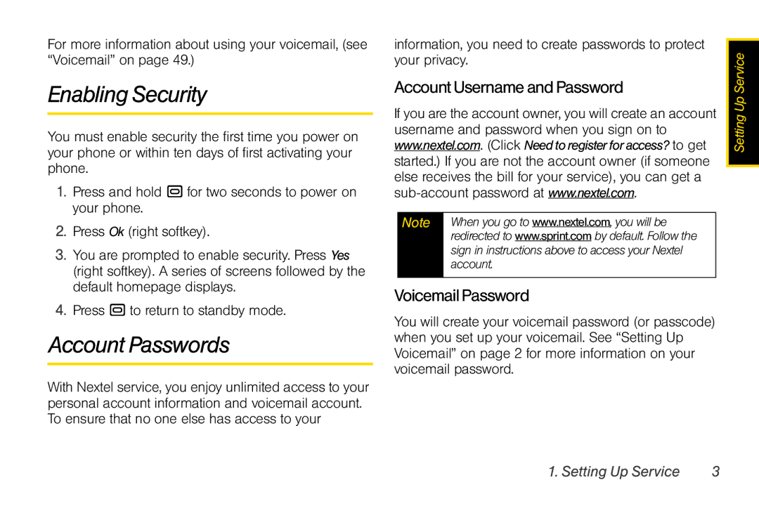 Sprint Nextel i856 manual Enabling Security, Account Passwords, AccountUsernameandPassword, VoicemailPassword 