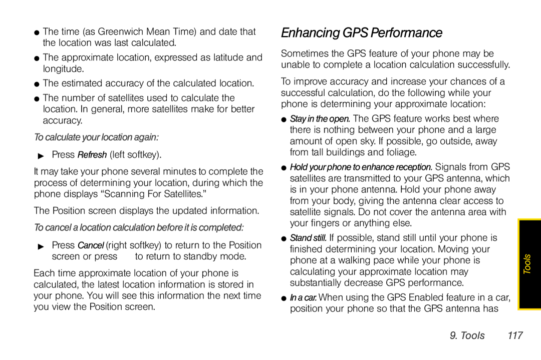 Sprint Nextel i856 manual Enhancing GPS Performance, Tocalculateyourlocationagain, Tools 117 