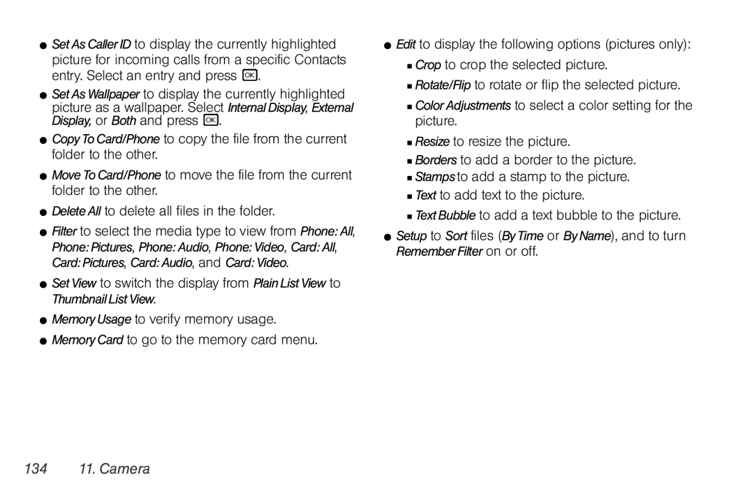 Sprint Nextel i856 manual 134 11. Camera, PhonePictures, PhoneAudio, PhoneVideo, CardAll 