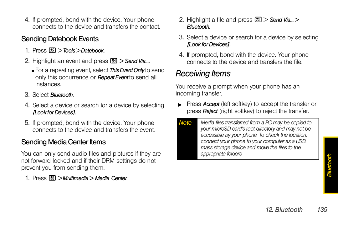 Sprint Nextel i856 Receiving Items, SendingDatebookEvents, SendingMediaCenterItems, Bluetooth 139, Press / ToolsDatebook 