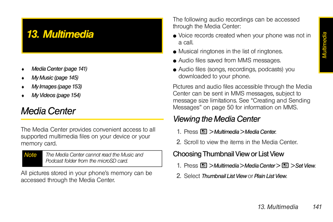 Sprint Nextel i856 manual Viewing the Media Center, ChoosingThumbnailVieworListView, Multimedia 141 