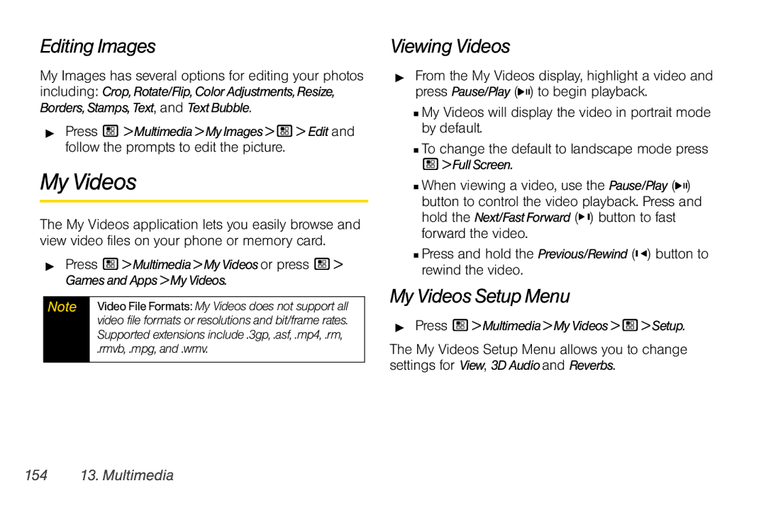 Sprint Nextel i856 manual Editing Images, My Videos Setup Menu, 154 13. Multimedia 