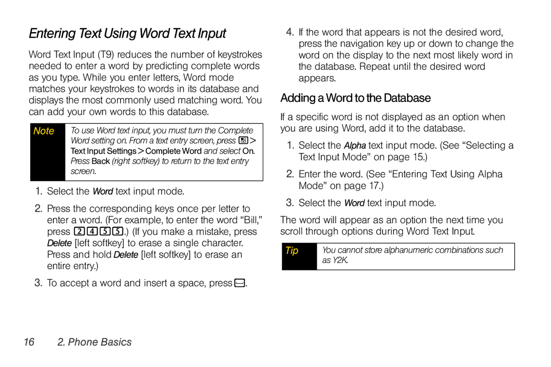 Sprint Nextel i856 manual Entering Text Using Word Text Input, AddingaWordtotheDatabase, 16 2. Phone Basics, Screen, As Y2K 