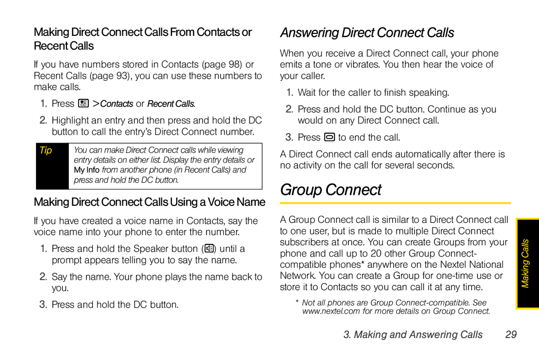 Sprint Nextel i856 manual Group Connect, Answering Direct Connect Calls, MakingDirectConnectCallsUsingaVoiceName 