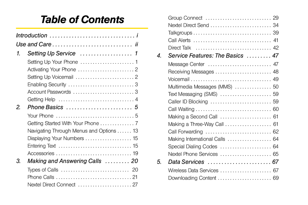 Sprint Nextel i856 manual Table of Contents 