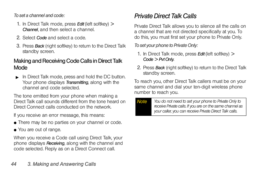 Sprint Nextel i856 manual Private Direct Talk Calls, Tosetachannelandcode, TosetyourphonetoPrivateOnly 