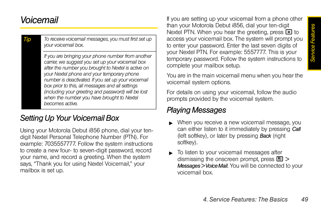 Sprint Nextel i856 manual Setting Up Your Voicemail Box, Playing Messages 