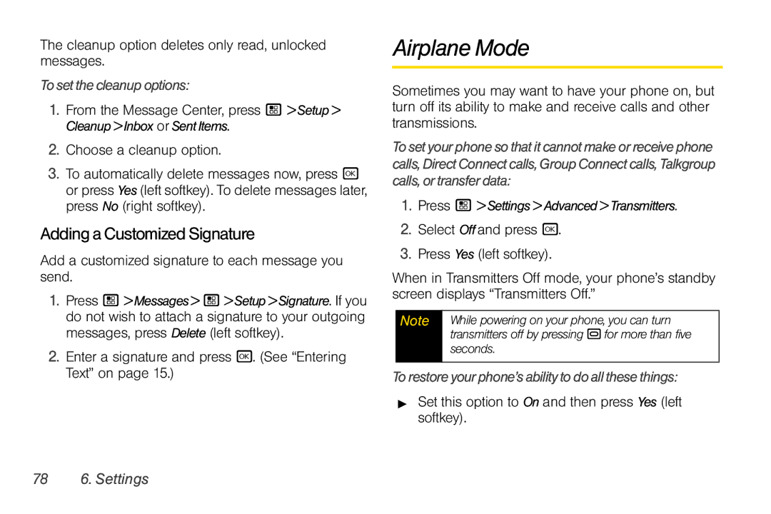 Sprint Nextel i856 manual Airplane Mode, AddingaCustomizedSignature, Tosetthecleanupoptions, 78 6. Settings 