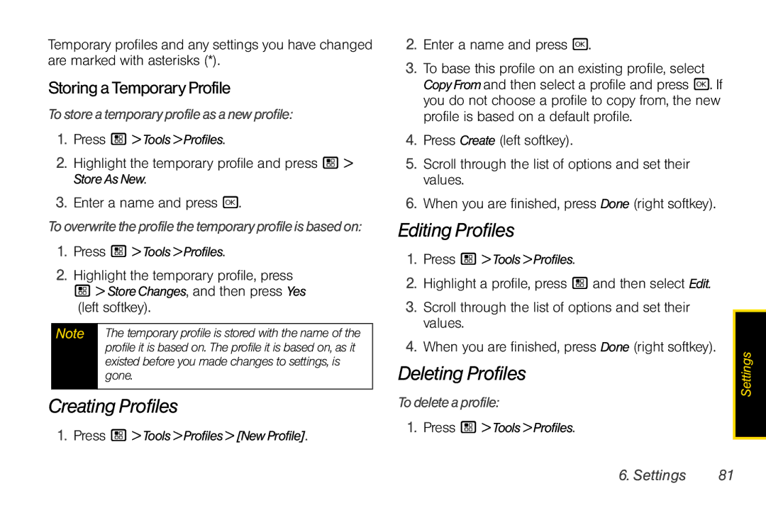 Sprint Nextel i856 manual Creating Profiles, Editing Profiles, Deleting Profiles, StoringaTemporaryProfile 