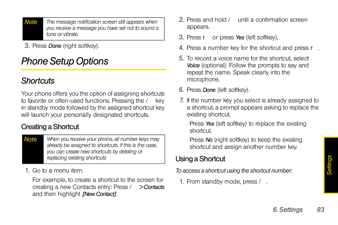 Sprint Nextel i856 manual Phone Setup Options, Shortcuts, CreatingaShortcut, UsingaShortcut 