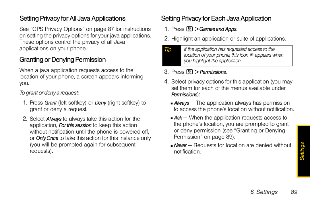 Sprint Nextel i856 SettingPrivacyforAllJavaApplications, GrantingorDenyingPermission, SettingPrivacyforEachJavaApplication 