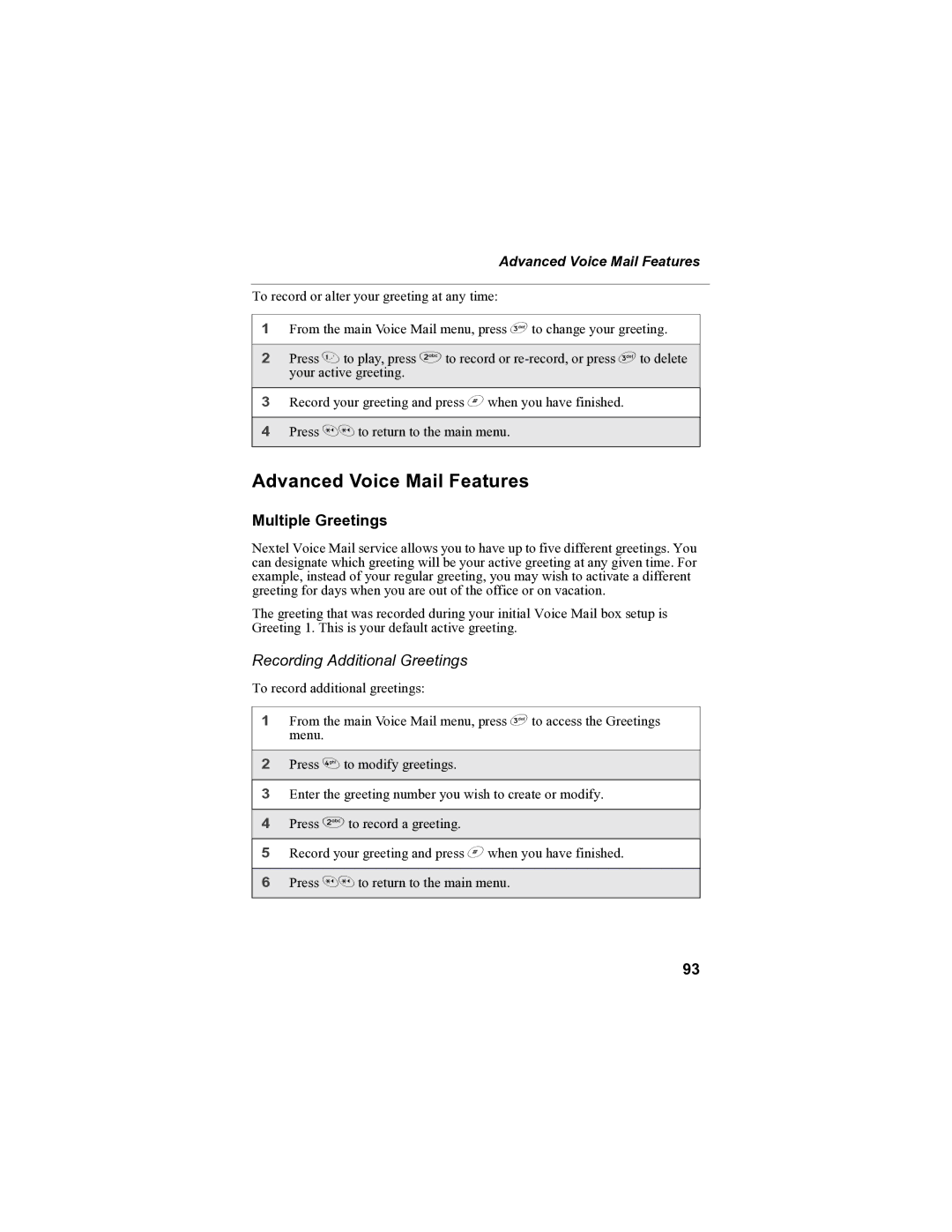 Sprint Nextel i90c manual Advanced Voice Mail Features, Multiple Greetings, Recording Additional Greetings 