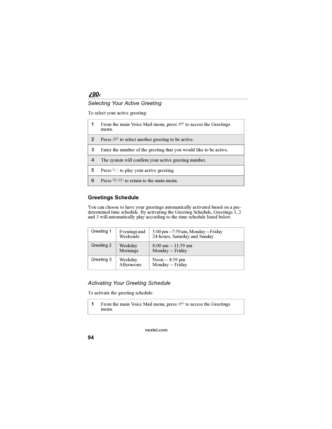 Sprint Nextel i90c manual Selecting Your Active Greeting, Greetings Schedule, Activating Your Greeting Schedule 