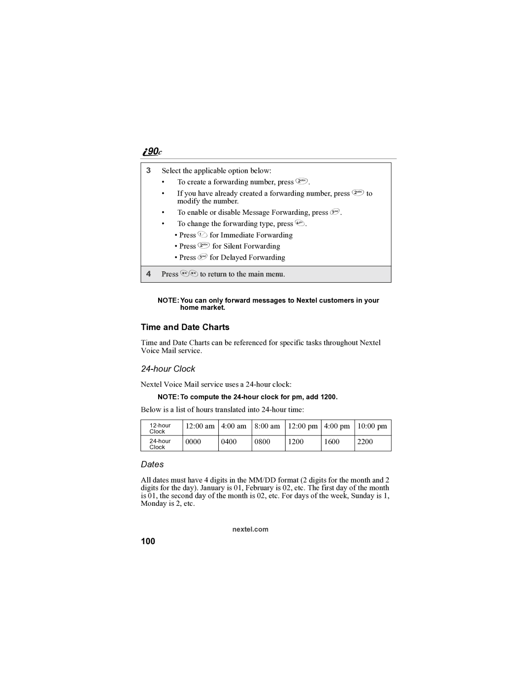 Sprint Nextel i90c manual Time and Date Charts, Hour Clock, Dates, 100 