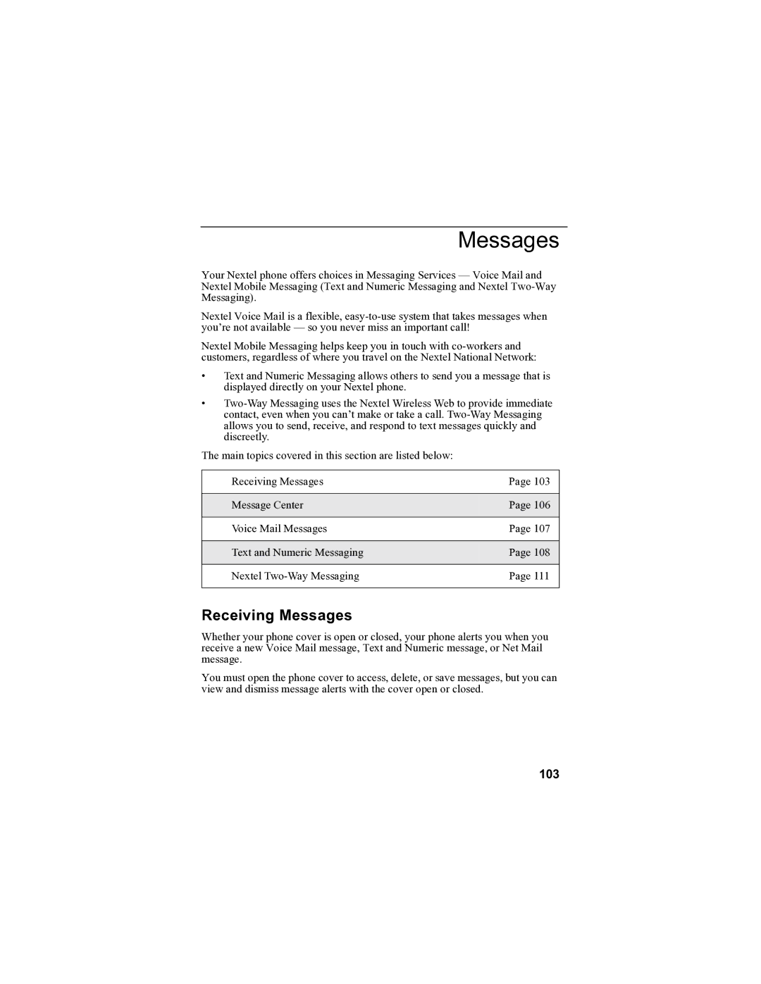 Sprint Nextel i90c manual Receiving Messages, 103 