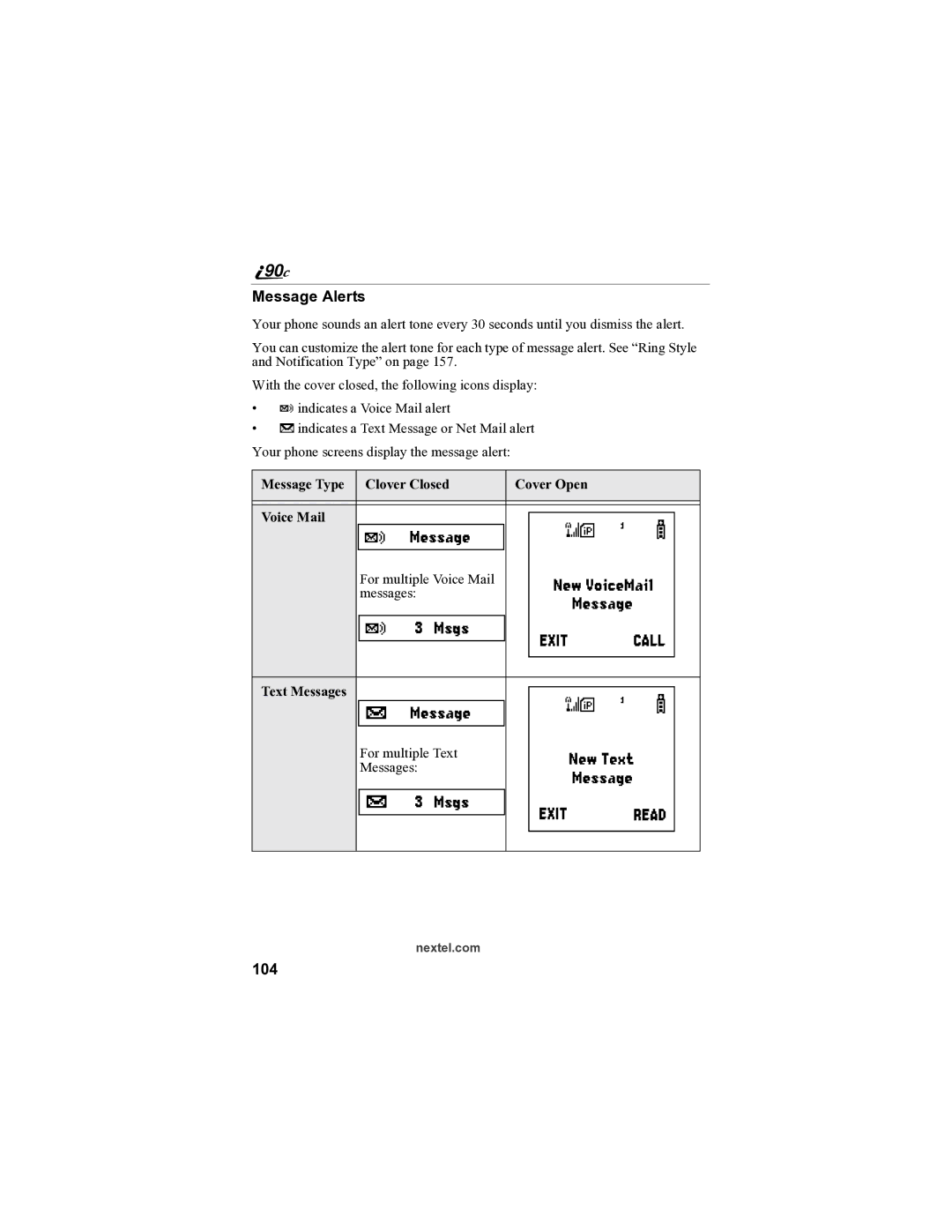 Sprint Nextel i90c manual Message Alerts, 104 