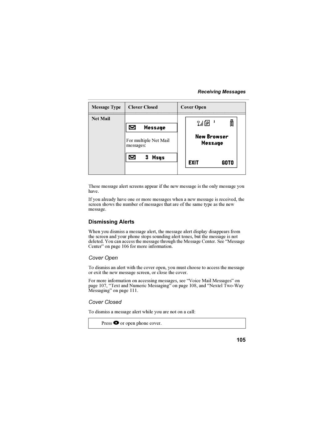 Sprint Nextel i90c manual Dismissing Alerts, 105, Receiving Messages 