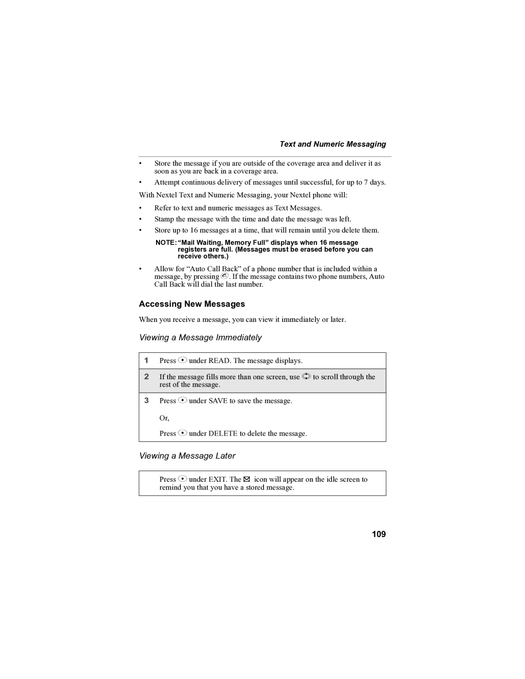 Sprint Nextel i90c manual Accessing New Messages, Viewing a Message Immediately, Viewing a Message Later, 109 