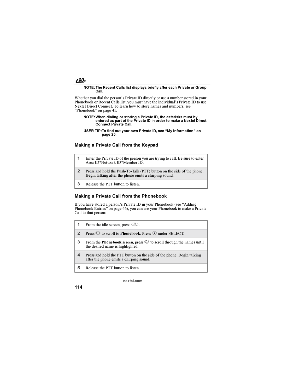 Sprint Nextel i90c manual Making a Private Call from the Keypad, Making a Private Call from the Phonebook, 114 