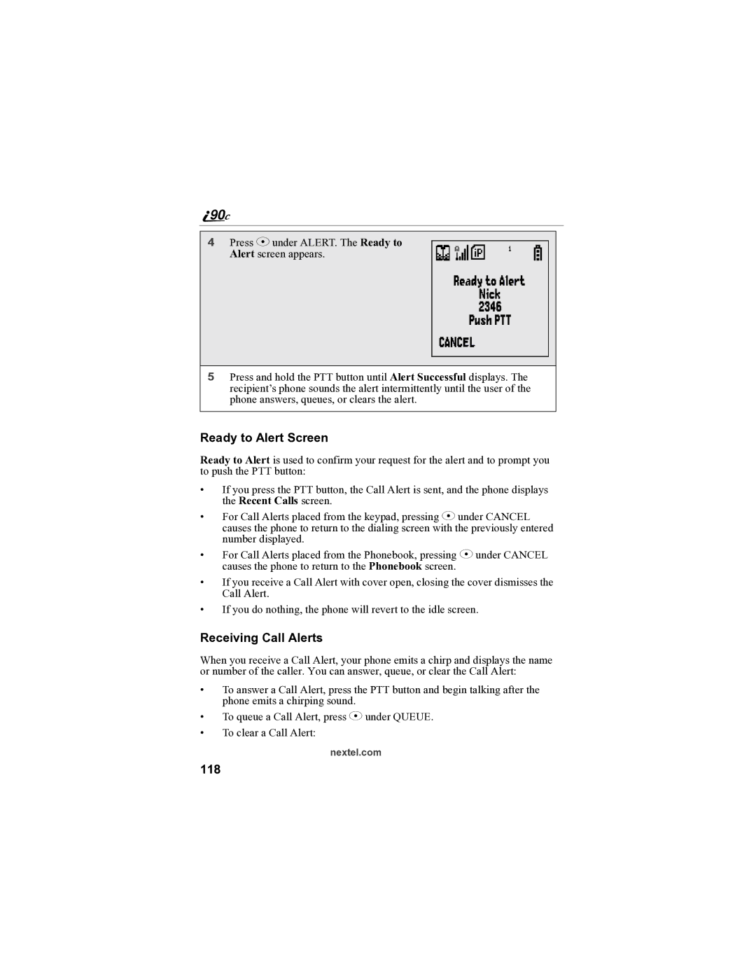 Sprint Nextel i90c manual Ready to Alert Screen, Receiving Call Alerts, 118 