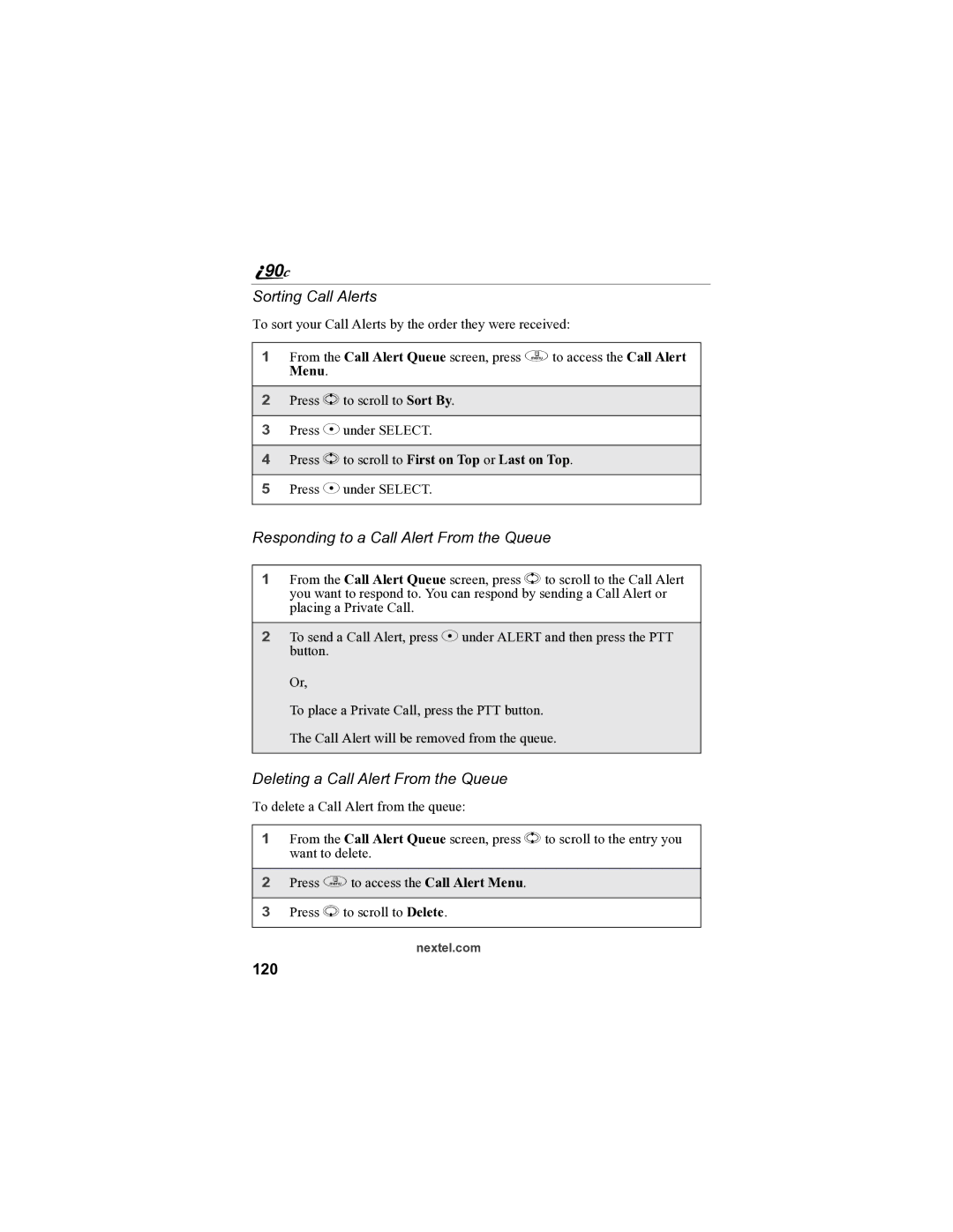 Sprint Nextel i90c Sorting Call Alerts, Responding to a Call Alert From the Queue, Deleting a Call Alert From the Queue 