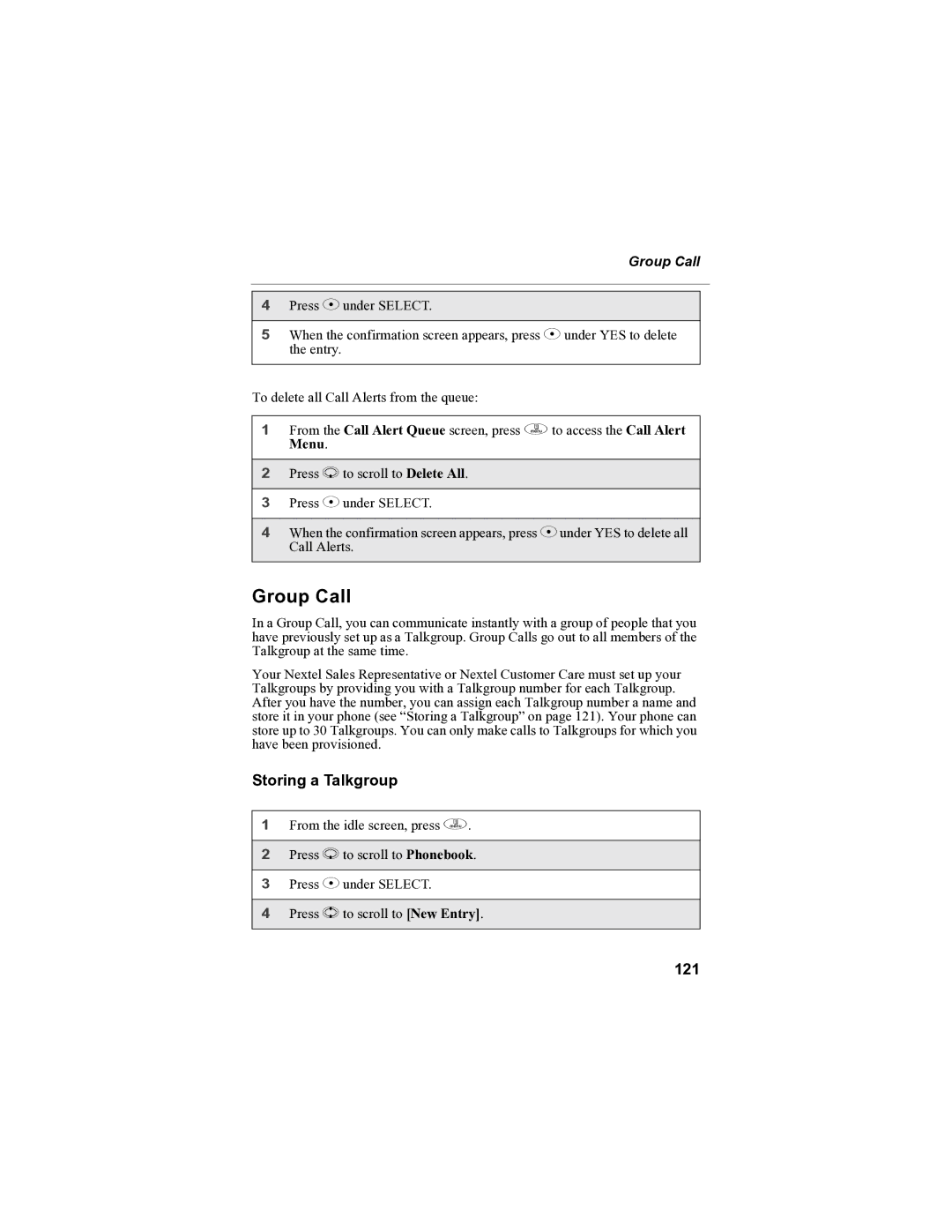 Sprint Nextel i90c manual Group Call, Storing a Talkgroup, 121 