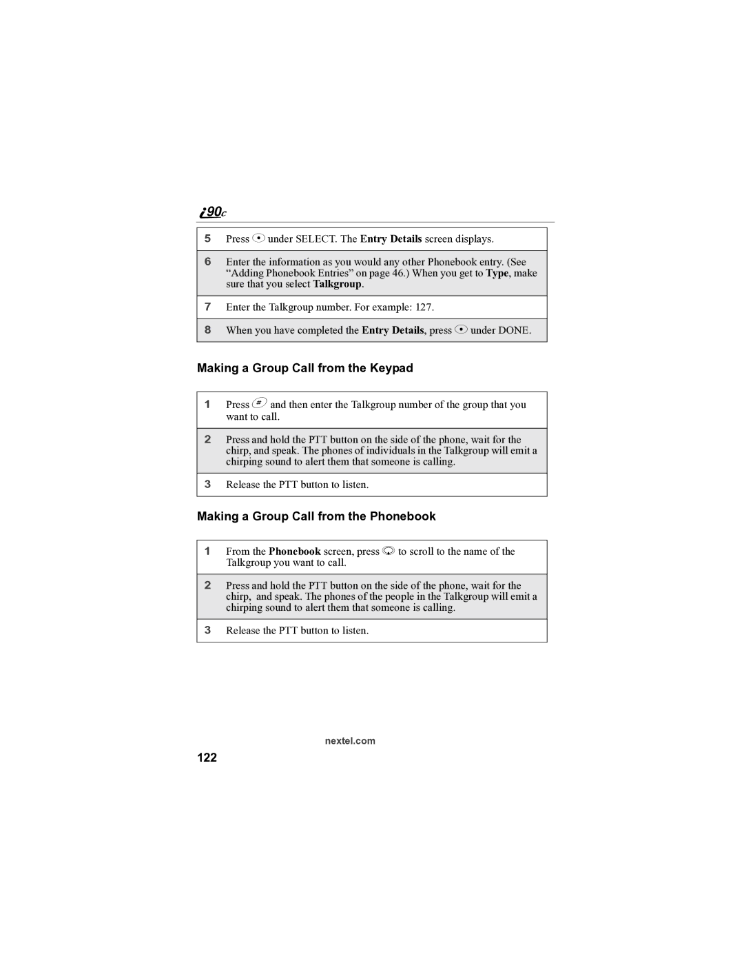 Sprint Nextel i90c manual Making a Group Call from the Keypad, Making a Group Call from the Phonebook, 122 