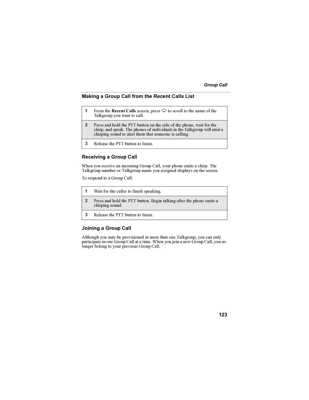 Sprint Nextel i90c manual Making a Group Call from the Recent Calls List, Receiving a Group Call, Joining a Group Call, 123 