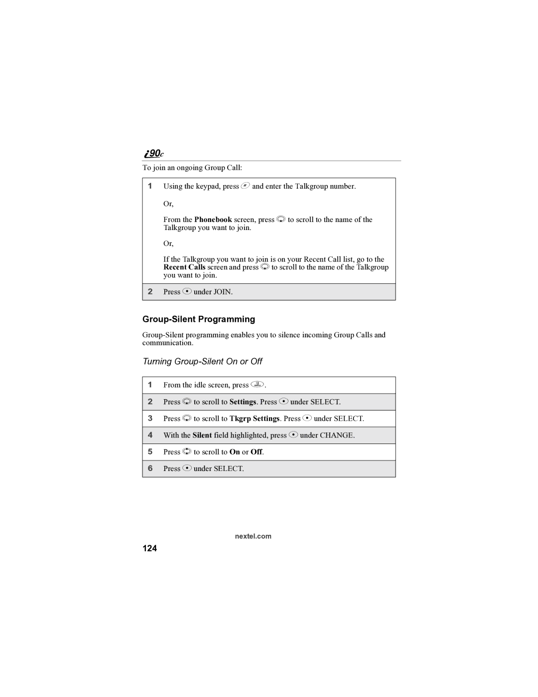 Sprint Nextel i90c manual Group-Silent Programming, Turning Group-Silent On or Off, 124 