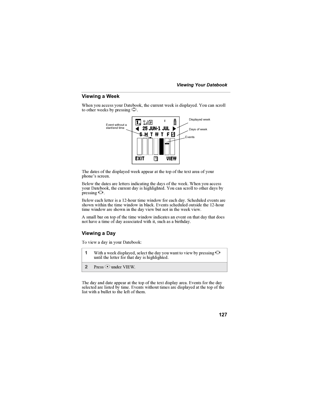 Sprint Nextel i90c manual Viewing a Week, Viewing a Day, 127, Viewing Your Datebook 