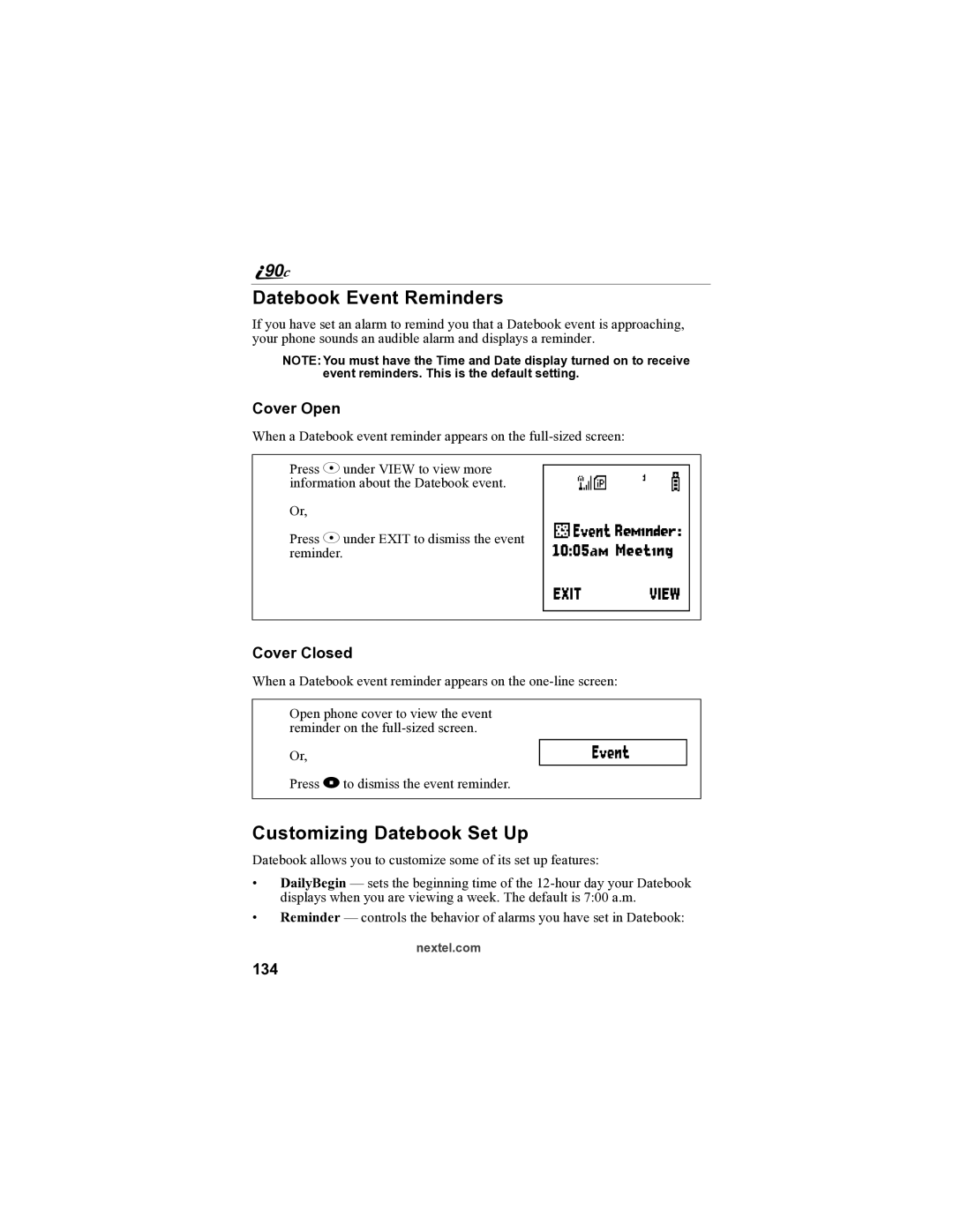 Sprint Nextel i90c manual Datebook Event Reminders, Customizing Datebook Set Up, 134 