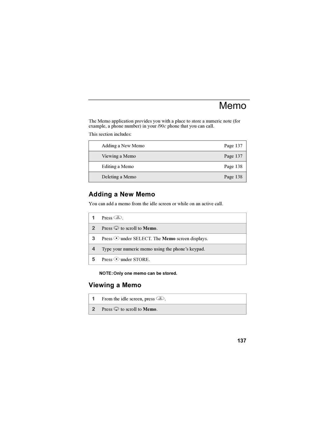 Sprint Nextel i90c manual Adding a New Memo, Viewing a Memo, 137 