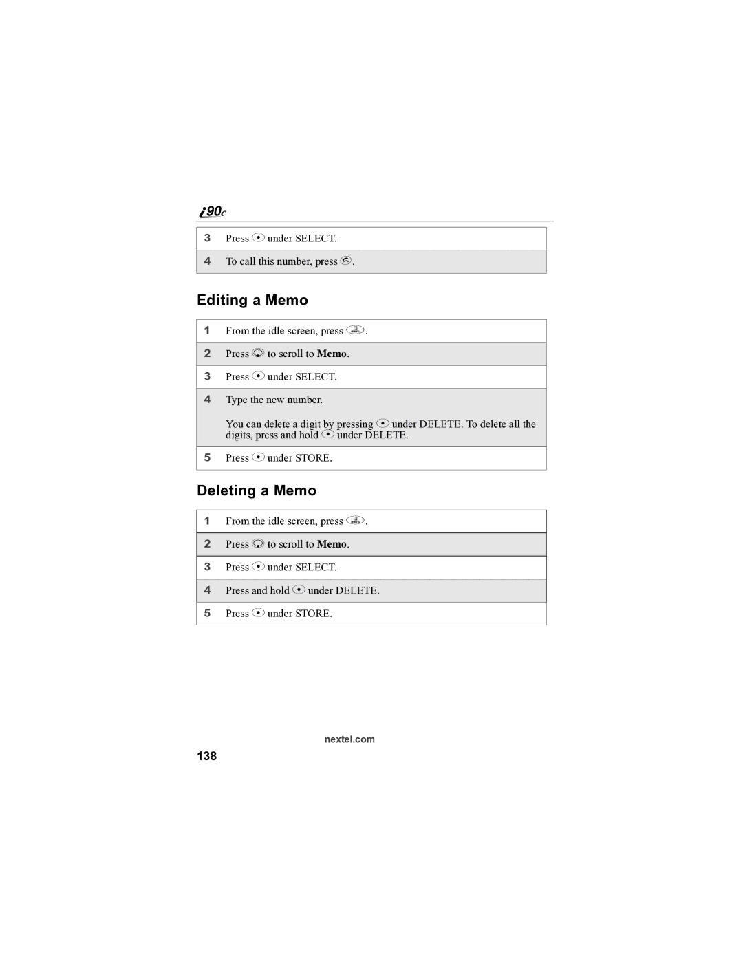 Sprint Nextel i90c manual Editing a Memo, Deleting a Memo, 138 