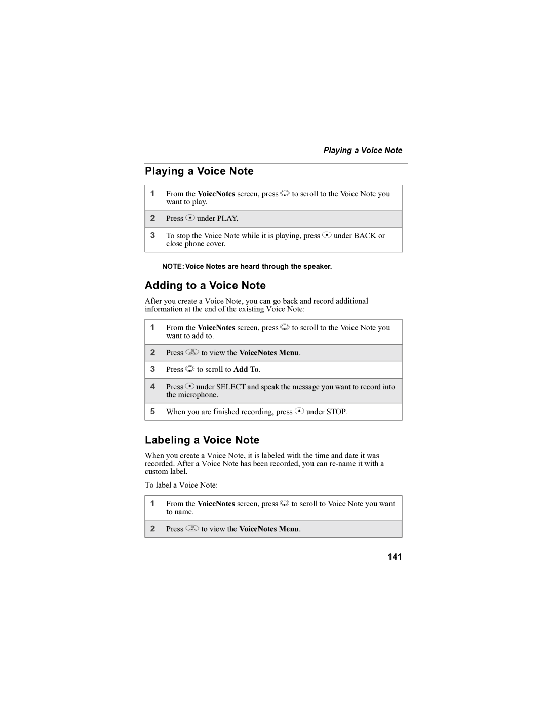 Sprint Nextel i90c manual Playing a Voice Note, Adding to a Voice Note, Labeling a Voice Note, 141 