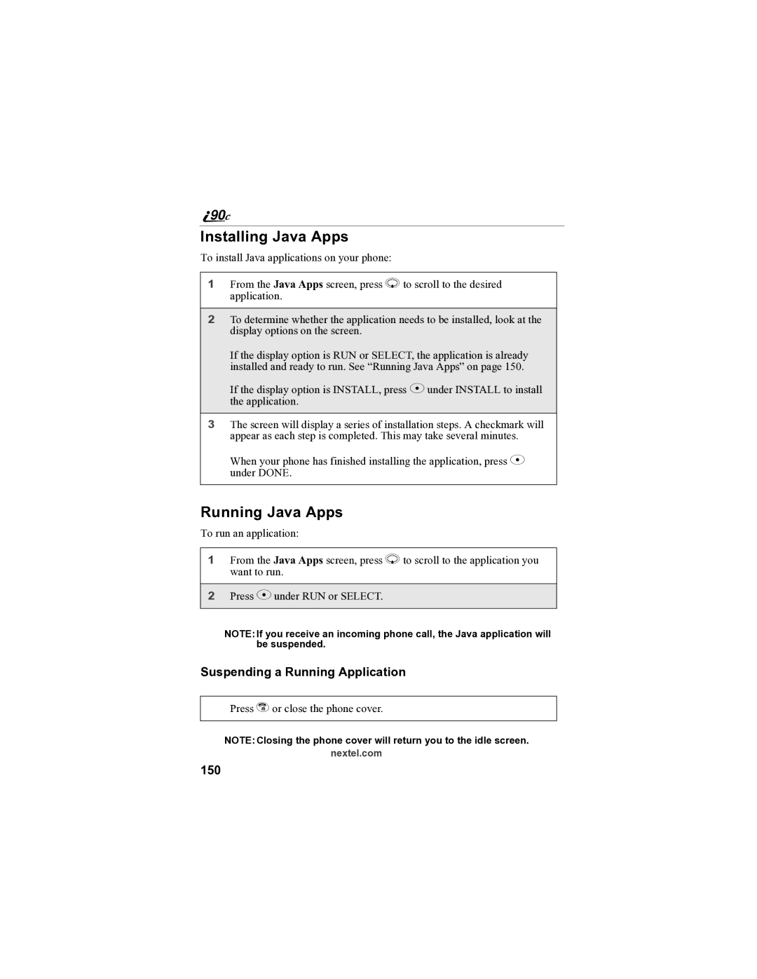 Sprint Nextel i90c manual Installing Java Apps, Running Java Apps, Suspending a Running Application, 150 