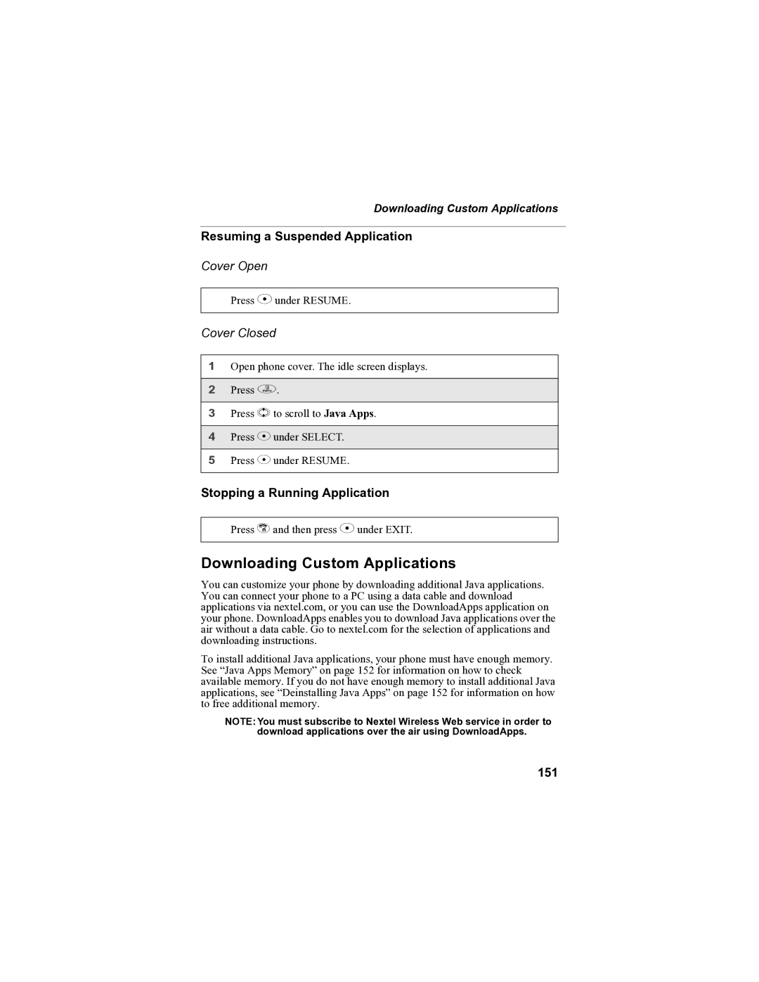 Sprint Nextel i90c Downloading Custom Applications, Resuming a Suspended Application, Stopping a Running Application, 151 