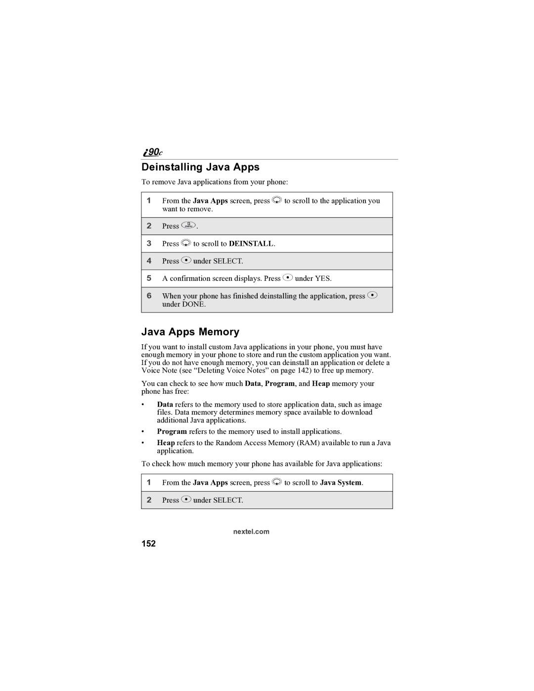 Sprint Nextel i90c manual Deinstalling Java Apps, Java Apps Memory, 152 